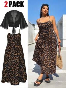 SHEIN EZwear 大码女式豹纹休闲简约连衣裙及罩衫套装，春夏款 - 彩色 - 查看 1