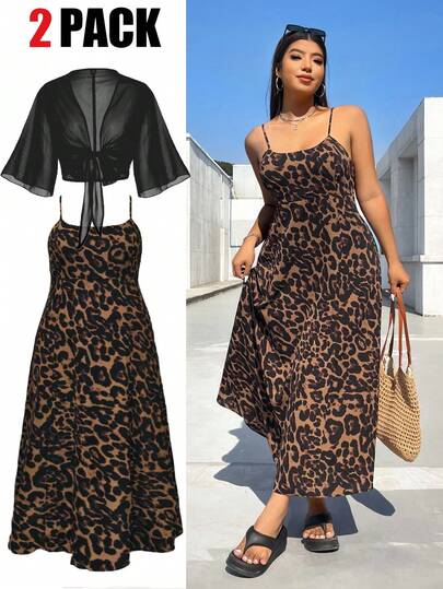 SHEIN EZwear Conjunto de vestido y cubrecuerpo casual minimalista con estampado de leopardo para mujer talla grande, primavera/verano
