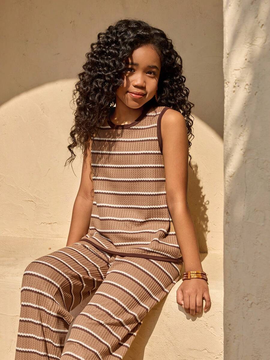 少女休闲卡其色背心裤套装，度假风，适合海滩、郊游等场合，面料柔软。 - 棕色 - 查看 1