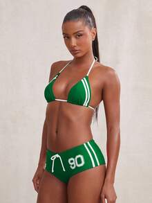 NYA SZN Bộ bikini hai mảnh dây buộc ngắn, kiểu dáng thể thao kẻ sọc, thích hợp cho kỳ nghỉ biển, màu đỏ dành cho nữ. - màu xanh lá - Xem 1