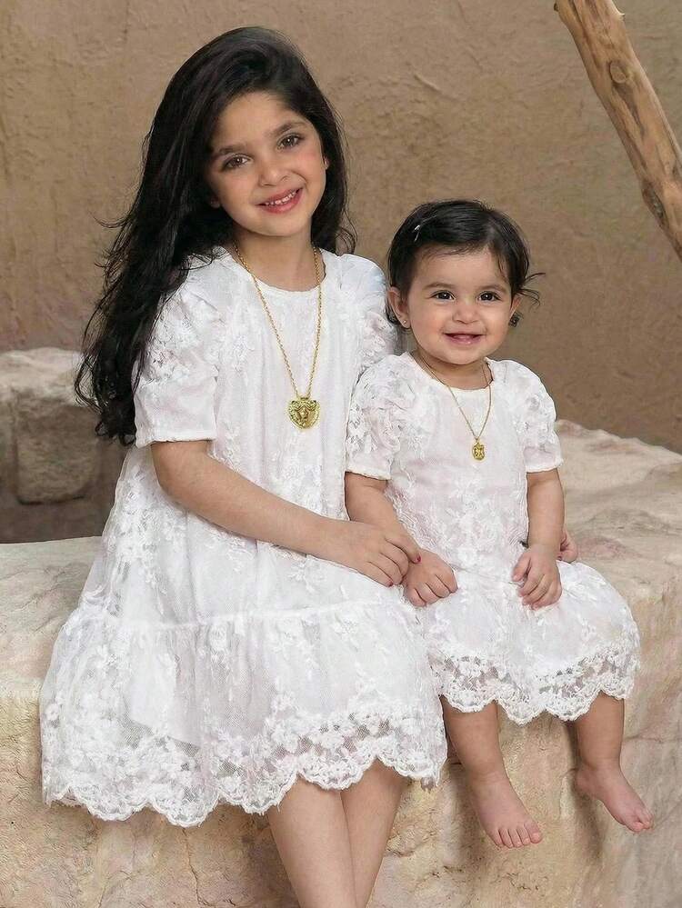 女童优雅蕾丝网纱刺绣泡泡袖宽松A字娃娃裙，女童拼接荷叶边下摆休闲连衣裙，白色，适合日常、婚礼、派对、假日、花童等场合 - 白色 - 查看 6