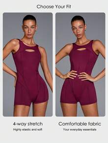 Menodora SHEIN Sport 女士纯色露背无袖连体衣 - 酒紅色 - 查看 7