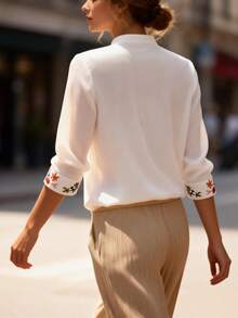 Balvessa Casual Split Collar Retro Print Women Shirt - White - View 2