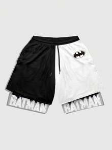 ROMWE MEN Batman X ROMWE Quần short nam thường ngày, thời trang, phong cách đường phố, họa tiết nhân vật anh hùng anime và chữ cái, phối màu tương phản, có dây rút ở eo. - Nhiều màu - Xem 5