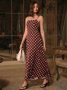 Enchnt Spring/Summer  Romantic Women's Elegant Brown Polka Dot Print Sleeveless Long Dress,Chic&Elegant For Date&Going Out&Daily Commute&Afternoon Tea,Brown Dress,Spring Dresses For Women,Spring Clothes For Women,Dresses For Women Elegant,Summer Dress,Polka Dot Dres - Red - View 8