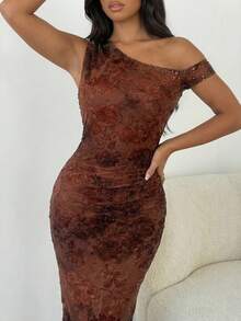 SHEIN Allurite Women's Elegant Sexy Velvet Floral Pattern Asymmetrical Shoulder Dress - Brown - View 6