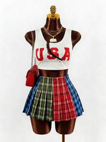 BamGleam 女士撞色格纹简约休闲半身裙 - 彩色 - 查看 4