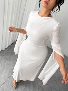 SHEIN PETITE CURVE Đầm ôm sát dáng dài tay cổ tròn xẻ tà, eo nhún bèo, chân đuôi cá, thanh lịch dành cho nữ cỡ lớn, phù hợp với người nhỏ nhắn. - trắng - Xem 7