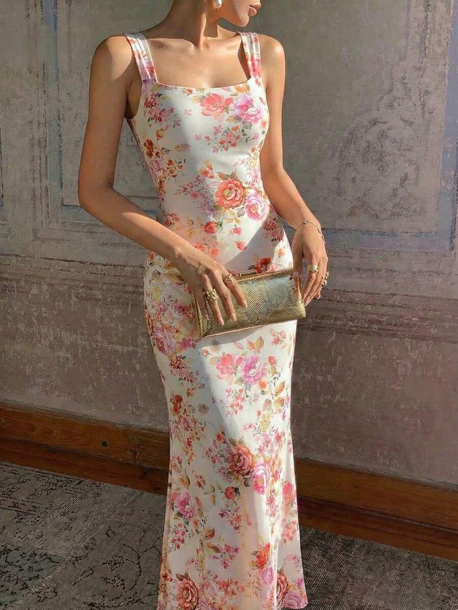 Firerie 女士优雅浪漫时尚通勤性感优雅连衣裙,适合派对、度假、浪漫约会和婚礼生日等场合,花卉印花垂褶领口美人鱼下摆修身长裙 - 彩色 - 查看 1