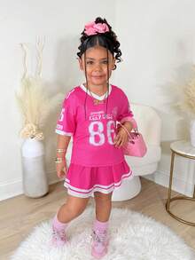 Bộ 2 món đồ thể thao dệt kim in số cho bé gái, thời trang và thoải mái để mặc hàng ngày. - Hồng - Xem 5