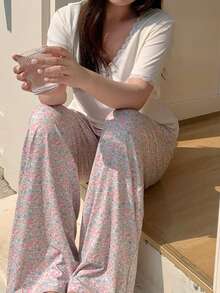 Dazy Plus Plus Size Women Contrast Lace Bow Decor Short Sleeve Top And Pants Pajama Set - White - View 1