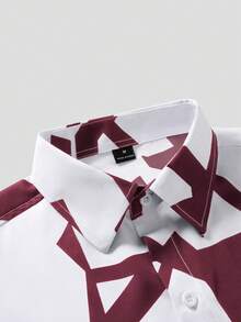 Manfinity Homme Men's Geometric Print Single-Breasted Casual Short Sleeve Shirt - Red and White - View 5