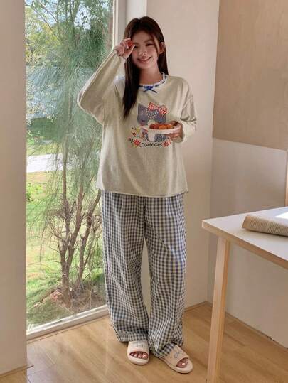 Dazy Plus Plus Size Women Cartoon Letter Print Long Sleeve Top And Plaid Pants Pajama Set