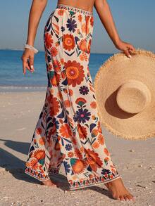 Swim Lushoire 女士印花雪纺和服裤装套装，波西米亚风海滩度假 - 彩色 - 查看 3