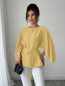 Rafferiza Áo cánh kiểu Pháp cổ tròn tay cánh dơi buộc eo màu đỏ bóng cho nữ, Xuân/Hè - Màu vàng - Xem 6
