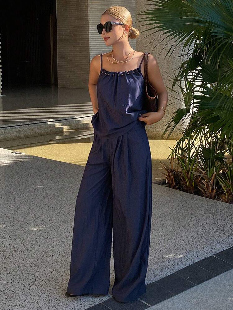 2pcs Women Solid Color Gathered Beaded Camisole & Wide Leg Pants Elegant Vacation Outfit, Spring/Summer