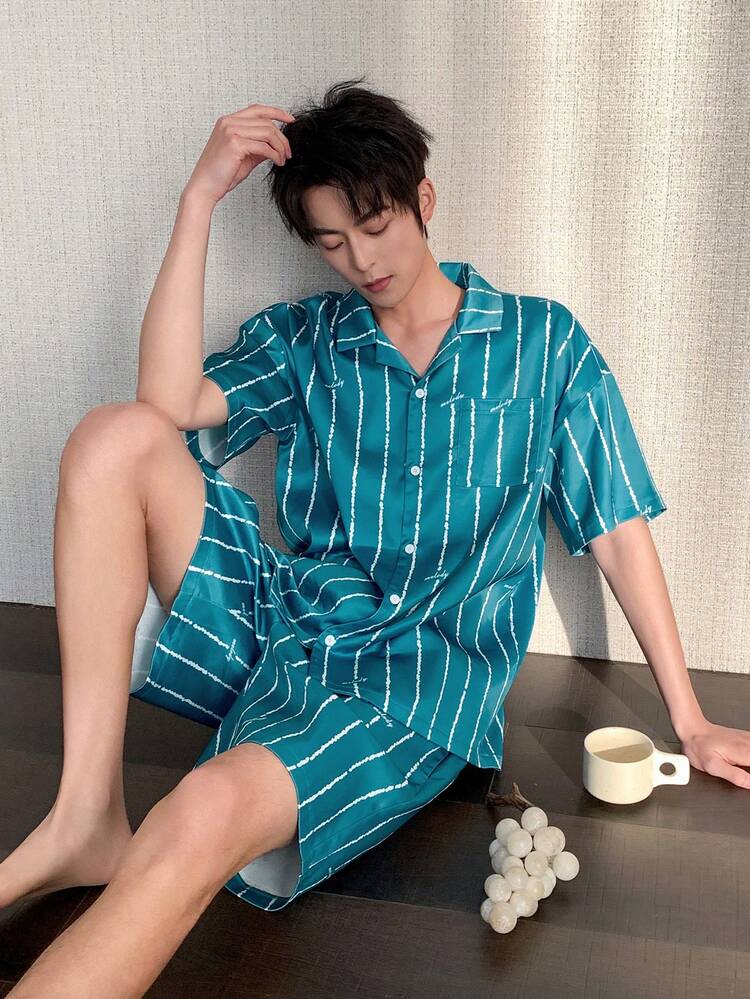 Men's Blue Striped Short Sleeve Shirt And Shorts Pajama Set, Summer