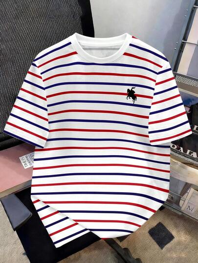 Manfinity Joysei Basic Shirt  Men's Striped Crew Neck Casual Versatile Short Sleeve T-Shirt Spring To Summer Vacation Outfits  Holiday Outfits Summer Holiday Outfits Tops For Women Summer Tops Going Out Tops