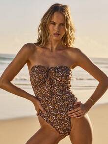 Aralina 1 Piece Summer Floral Ditsy Spring Swim Vacation Beach Swimsuit Bandeau Halter Neck Gather Front Ruffle Sexy One Piece Flower - Multicolor - View 4