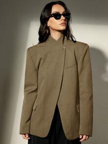 Aveloria Modichic Stand Collar Oblique Lapel Blazer, Crafting A High-End Business Look - Khaki - View 4