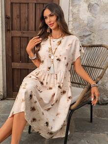 SHEIN LUNE 女士圆领水墨画图案休闲度假约会中长连衣裙 - 彩色 - 查看 7