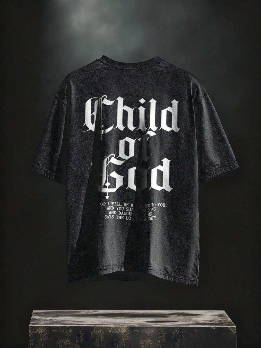 Manfinity EMRG 加大码男士休闲标语印花圆领短袖T恤，夏季 - 黑色 - 查看 1