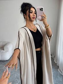 SHEIN Elenzya Black Contrast Trim Patchwork Loose Front Open Jacket - Khaki - View 6