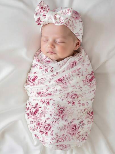 SHEIN Set de 2 piezas Envoltura de muselina para fotografía de recién nacidos con estampado de moño rosa y gorro turbante con moño, manta para recién nacidos
