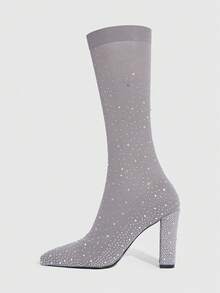 CUCCOO SZL Women Fashion High Heels Pointed Tops Shiny Ankle Boots Halloween, Christmas, Date Night Dresses Valentine's Day - Light Grey - View 6