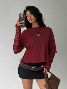 Aloruh Women's Solid Color Minimalist Everyday Lace Splice Sleeve T-Shirt - Burgundy - View 8