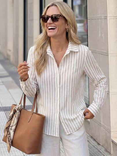 Solivie 女士优雅百搭杏色条纹法式休闲宽松长袖衬衫，适合通勤和办公穿着，秋冬季内搭