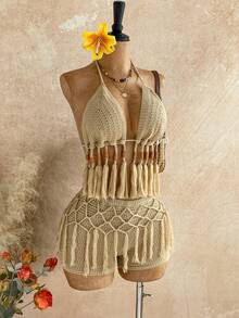 Soleia 两件套波西米亚风吊带露背系带吊带背心和流苏短裤套装，波西米亚风，度假，复古，节日，音乐节 - 杏色 - 查看 3