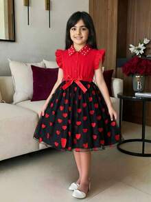 European And American Fashion New Girls Shirt Collar Cap Sleeve Airy Heart Mesh Skirt Casual/Holiday Outfit, Polo Collar Bow Elegant Princess Dress - Multicolor - View 1