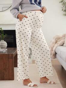 SHEIN 孕妇蝴蝶结印花抽绳腰带口袋阔腿宽松休闲裤 - 卡其色 - 查看 3