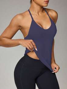 Easithlete Women's Solid Color Everyday Fitness Halter Neck Tank Top Curve Athletic Top Open Back Workout Top Backless Gym Top Open Back Athletic Top Activewear Racerback - Blue - View 4