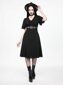 Spring/SummervacationWomen's Vintage Gothic Sun & Moon Embroidery V-Neck Contrast Lace Mini Dress, Spring/Summer - Black - View 5