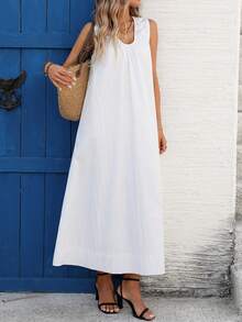 Silhoulove Women's Solid Color Casual Loose Sleeveless Dress, Suitable For Vacation - White - View 3