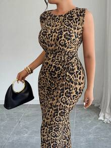 Elenzga Plus Size Women's Round Neck Sleeveless Wrap-Style Metal Buckle Decor Leopard Print Elegant Dress, Spring/Summer - Multicolor - View 5