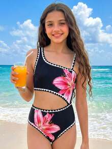 少女休闲简约沙滩度假风黑色吊带镂空贝壳花卉百合印花连体泳衣，夏季 - 黑色 - 查看 3