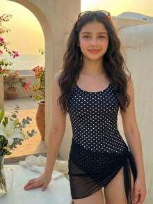 少女波点蝴蝶结装饰休闲连体泳衣套装，含罩裙，度假海滩风美人鱼主题 - 黑色 - 查看 3