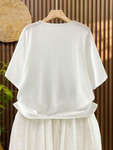 Louniche 女士休闲纯色短袖T恤，亚麻针织露脐上衣 - 白色 - 查看 10