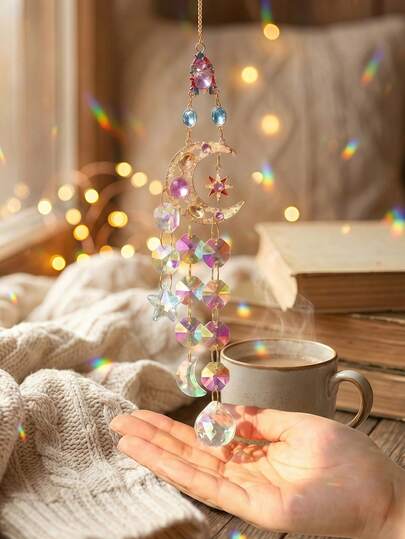 Zazumi 1pc Iridescent Glass Suncatcher Hanging Decor Set - 4 Styles (Star, Moon, Sunburst, Geometric) Rainbow Maker Wind Chimes For Window, Home, Office, Balcony, Light-Catching Prism Ornament With Metal Frame, Thoughtful Gift For Friends & Family, Aesthetic Room Accessory