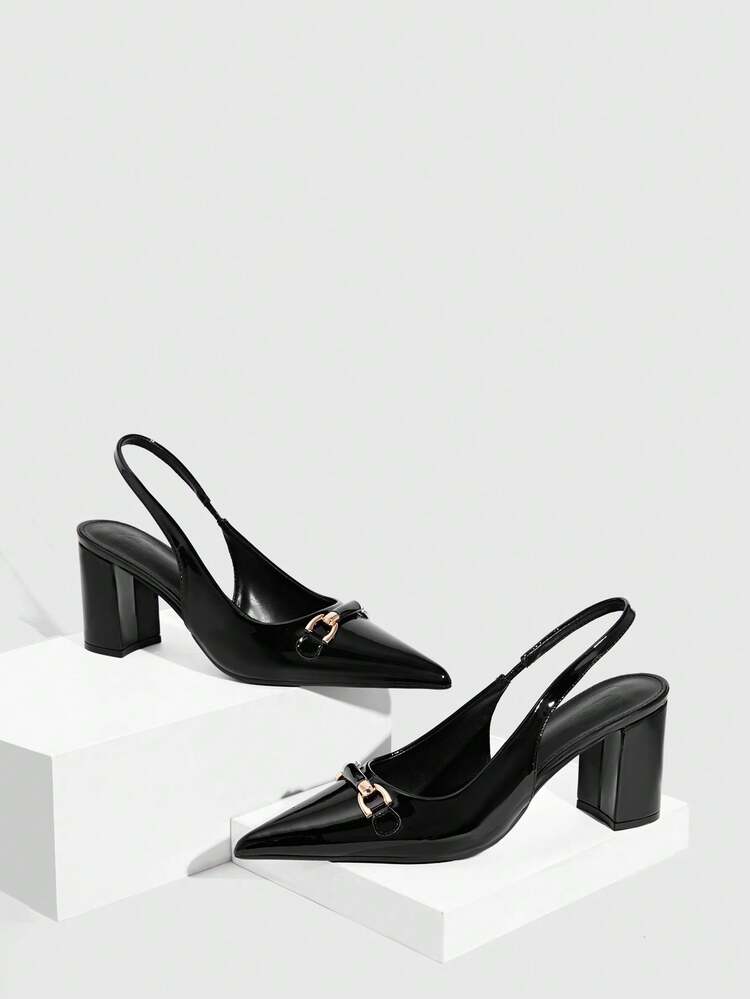 CUCCOO SZL Women's Pointed Toe Thick Heel High Heels, Metal Buckle Design, Solid Color, Sexy Elegant Stylish Pumps, Suitable For Commuting, Dating, Afternoon Tea, Party, Evening, Daily Wear