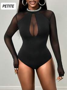 SHEIN PETITE 女士性感网纱拼接长袖连体衣 - 黑色 - 查看 3