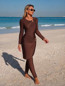 Swim Mulvari 3件套女士连体长袖拉链口袋金属装饰泳衣，长款弹力腰泳裤，不对称下摆裙摆布基尼套装，春夏保守泳装，女士棕色长袖泳衣，棕色连体泳衣，女士棕色泳装，女士棕色两件套 - 棕色 - 查看 3