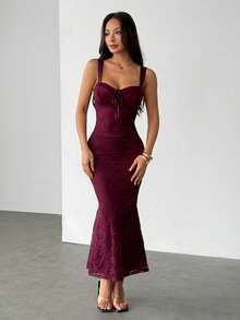 SHEIN PETITE Women's Elegant Lace Patchwork Slip Dress - Red Violet - View 3