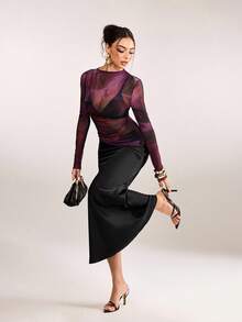 plantica Casual Sexy Urban Chic Minimalist Fashion Women's Black Long Sleeve Fitted Semi-Sheer Mesh Floral Print Blouse, Suitable For Outings, Travel, Dates, Parties, Holidays, Valentine's Day, Spring/Summer,Going Out,Sexy, Elegant,, Wedding Guest, Music Festival, Musician, Night Club - Black - View 1