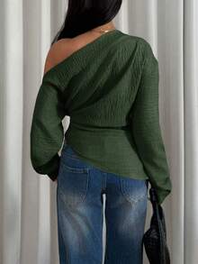 Siren Gaze Women's Casual Solid Color Textured Oblique Shoulder Long Sleeve Top, Autumn - Army Green - View 2