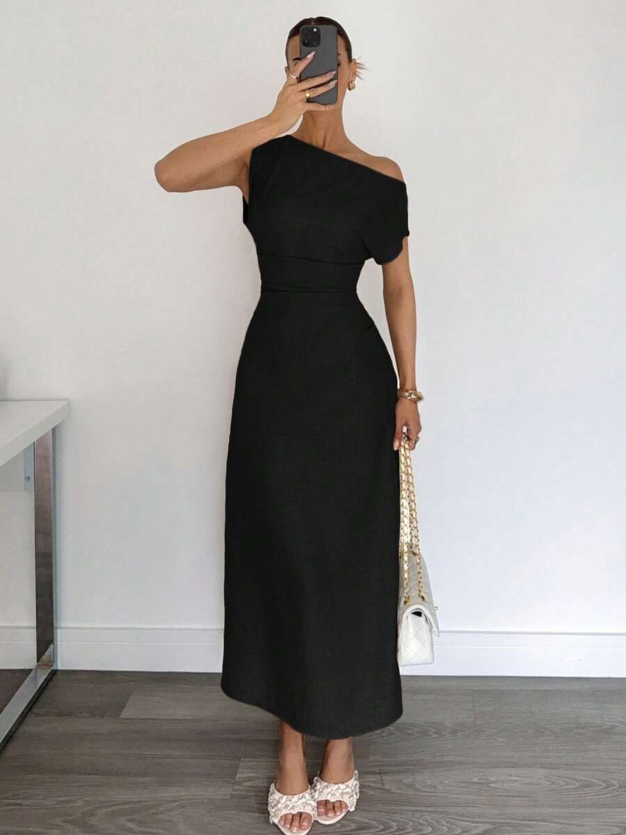 Siren Gaze 女士简约纯色不对称肩部收腰连衣裙，夏季 - 黑色 - 查看 1