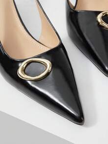 Mnmlis 女士尖头金属装饰时尚日常通勤高跟鞋 - 黑色 - 查看 6